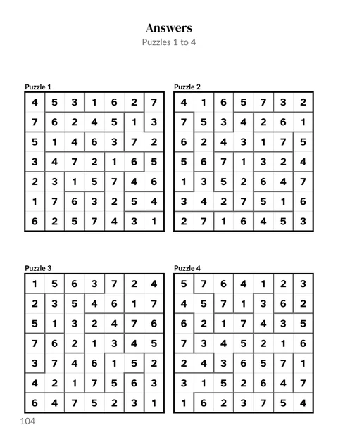 A solutions page from the sample calcudoku book, the cages outlined in grey