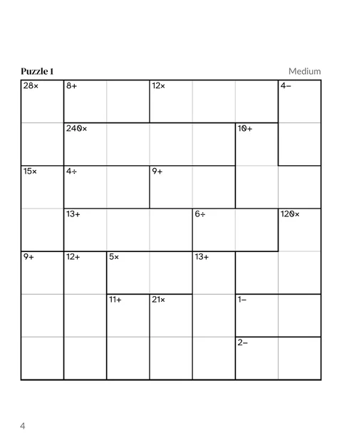 A calcudoku puzzle page from the sample book, with bold cages and their clues