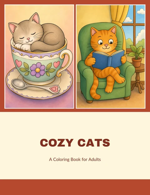 Front cover of the sample coloring book Cozy Cats, with two of its designs colored in