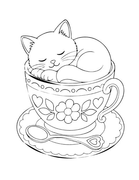 A page from Cozy Cats: a cat asleep in a teacup on a saucer with a spoon