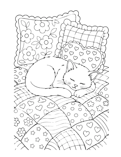 A page from Cozy Cats: a cat asleep on a patchwork quilt with patterned pillows