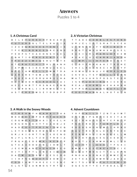 A solutions page from the sample Christmas word search book