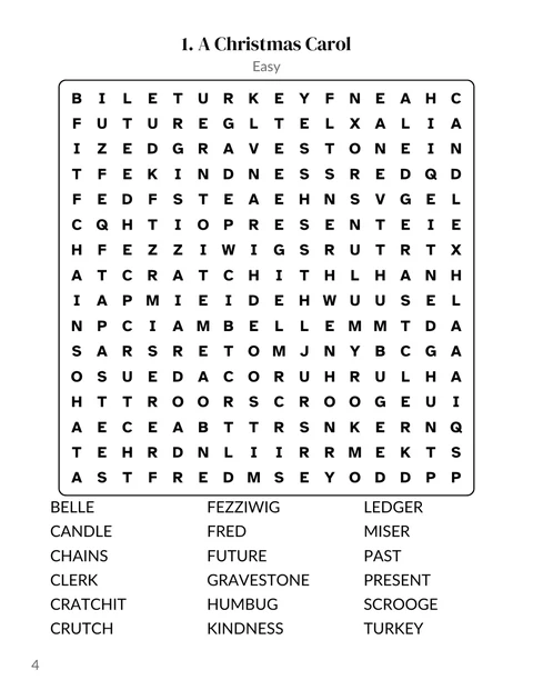 A word search page on the theme A Christmas Carol, with Scrooge, Cratchit and Fezziwig in the word list