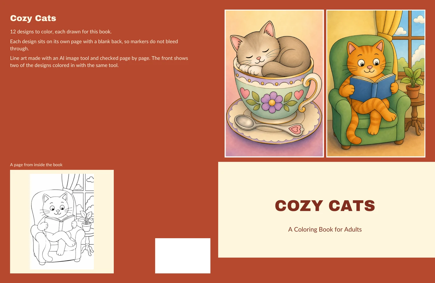 The full wrap cover of a sample coloring book called Cozy Cats: the back with a description and a page from inside as drawn, and the front with two designs colored in, a cat asleep in a teacup and a cat reading in an armchair.