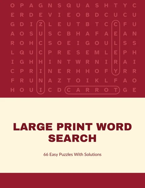 Front cover of the sample word search book in crimson, the puzzle above the title