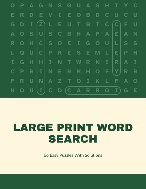 Front cover of the sample word search book in forest green, the puzzle above the title