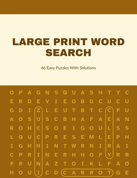 Front cover of the sample word search book in ochre, the title above the puzzle