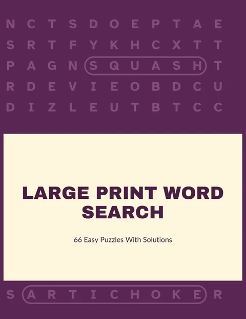 Front cover of the sample word search book in plum, the title on a card over the puzzle