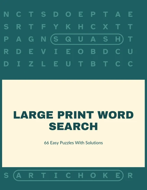Front cover of the sample word search book in teal, the title on a card over the puzzle