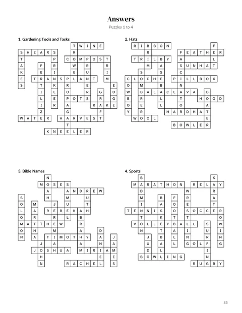 An answers page from the sample crossword book, four solved grids