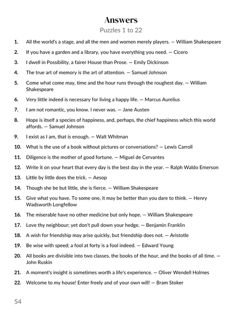 An answers page from the sample cryptogram book: the decoded quotes and their authors