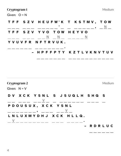 A cryptogram page: two coded quotes with a given letter and lines to write on