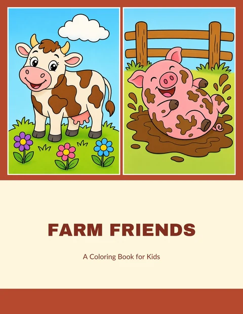 Front cover of the sample coloring book Farm Friends, with a cow and a pig from inside colored in