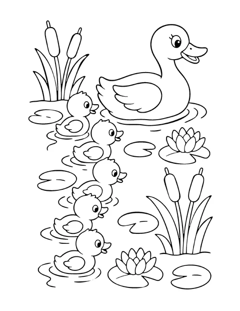 A page from Farm Friends: a mother duck and five ducklings on a pond with lily pads