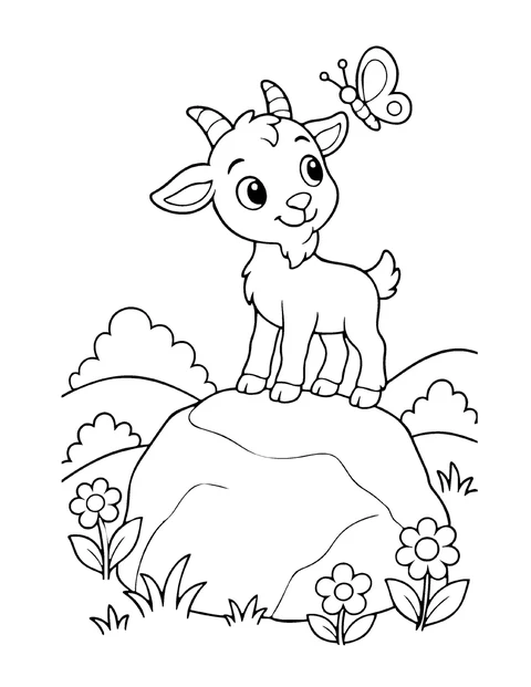 A page from Farm Friends: a little goat on a big rock with a butterfly near its horns