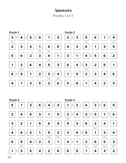 A solutions page from the sample futoshiki book, the squares and signs drawn in grey