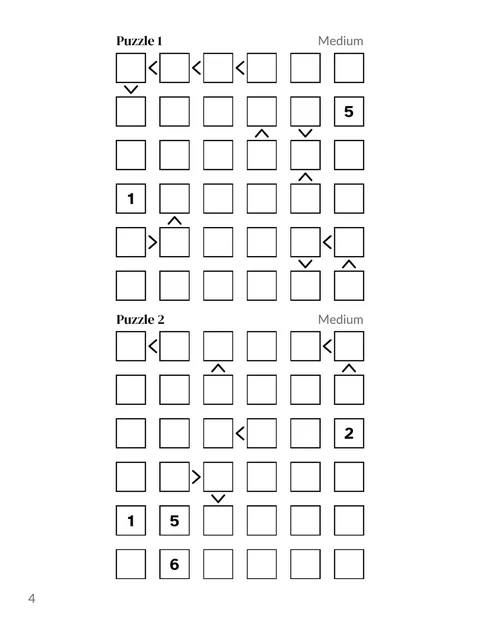 A futoshiki puzzle page from the sample book, two grids with the signs between their squares