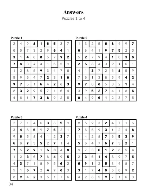 A solutions page from the sample jigsaw sudoku book