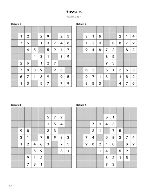 A solutions page from the sample kakuro book
