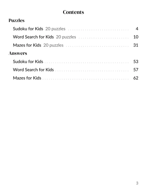 The contents page of the sample book: sudoku, word search and mazes for kids, with their answers