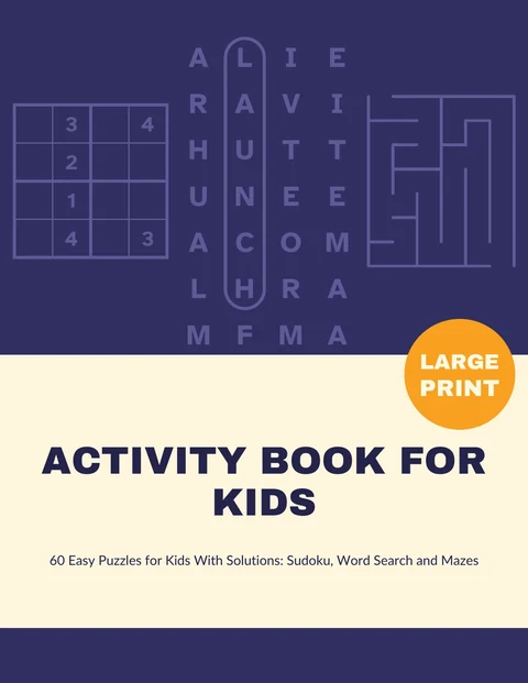 Front cover of the sample activity book for kids, with a sudoku, a word search and a maze