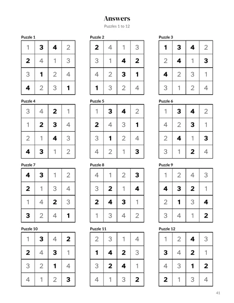 A solutions page from the sample sudoku for kids book