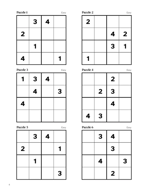 A page of 4 by 4 sudoku puzzles from the sample book