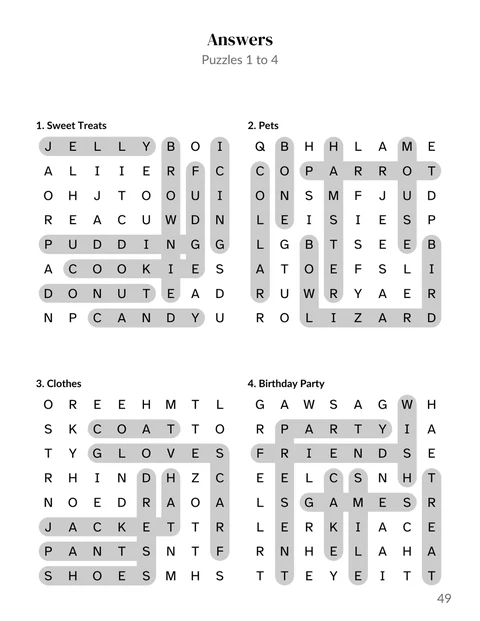 A solutions page from the sample word search for kids book