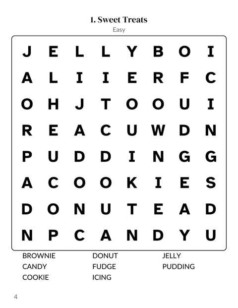 An 8 by 8 word search puzzle page from the sample book