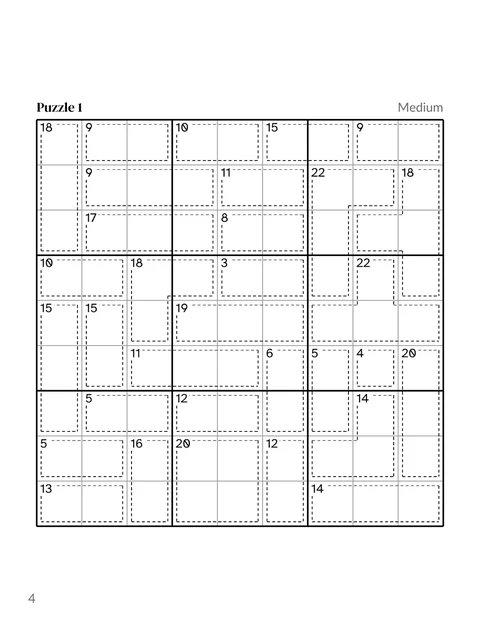 A killer sudoku puzzle page from the sample book, with dashed cages and their totals