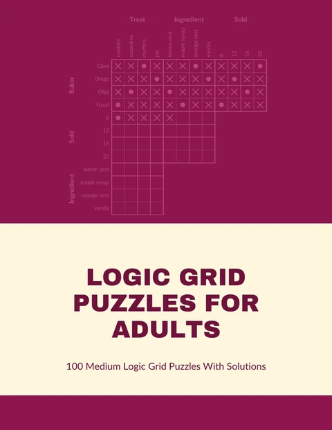 Front cover of the sample logic grid book, a grid part way solved above the title