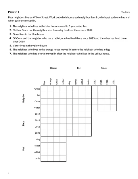 A logic grid puzzle page from the sample book: the story, its numbered clues and the grid below them