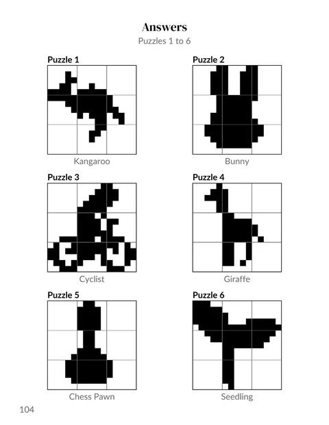 An answers page from the sample nonogram book, each finished picture with its name