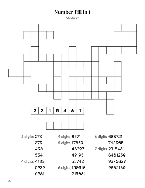 A number fill in puzzle page from the sample book