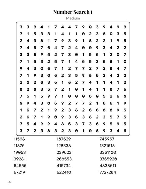 A number search page: a grid of digits and the list of numbers to find