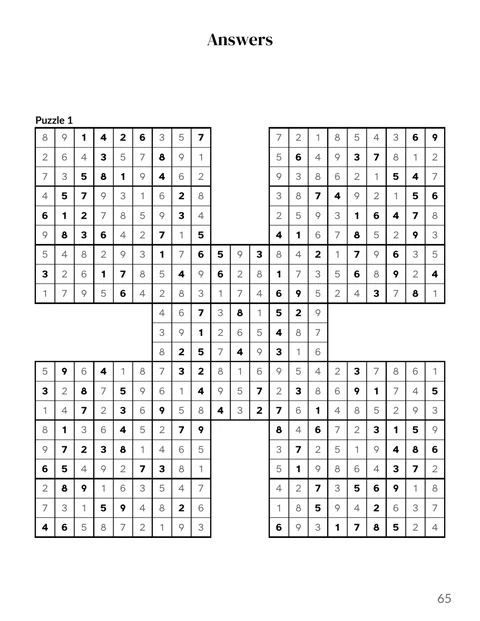 A solutions page from the sample samurai sudoku book