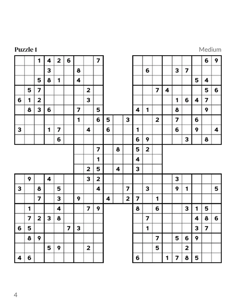 A samurai sudoku puzzle page from the sample book