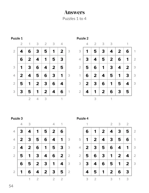 A solutions page from the sample skyscrapers book, the grids and edge numbers drawn in grey