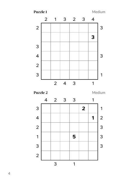 A skyscrapers puzzle page from the sample book, two grids with their edge numbers