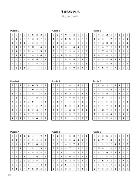 A solutions page from the sample sudoku book