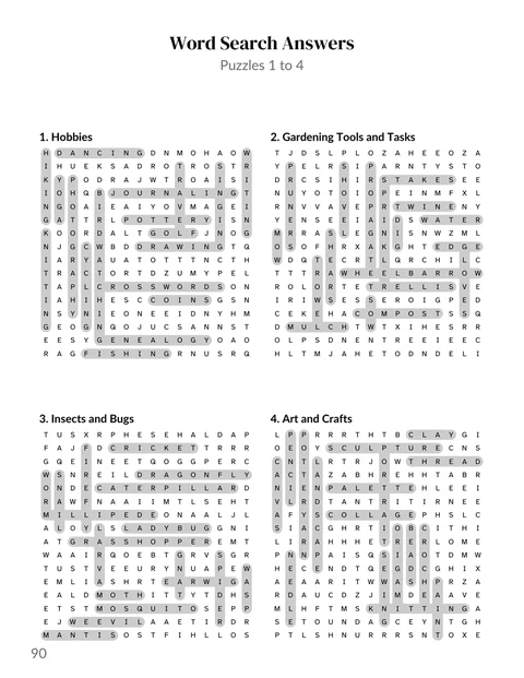 A word search answers page from the sample variety book
