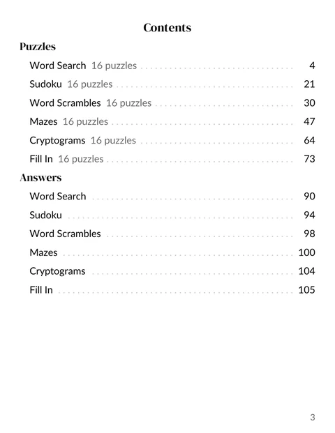 The contents page of the sample variety book