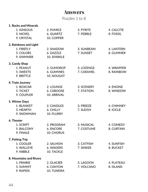 An answers page from the sample word scramble book