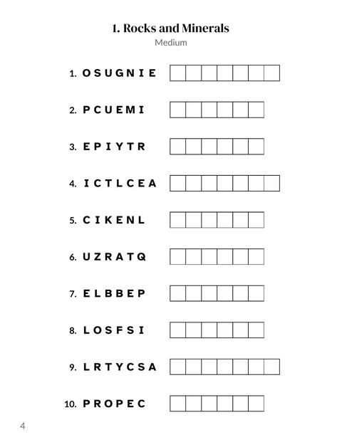 A word scramble page: ten mixed-up words on one theme, each with a box for every letter