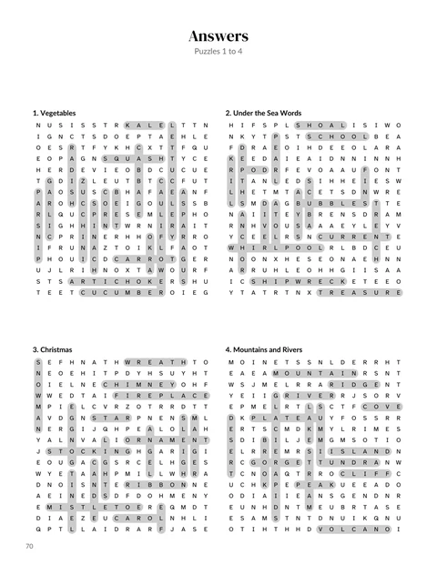 A solutions page from the sample word search book